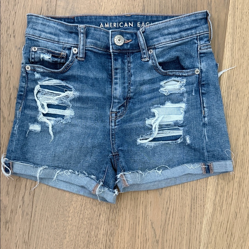 American Eagle Outfitters Medium Blue Distressed Roll-Cuff Jean Shorts